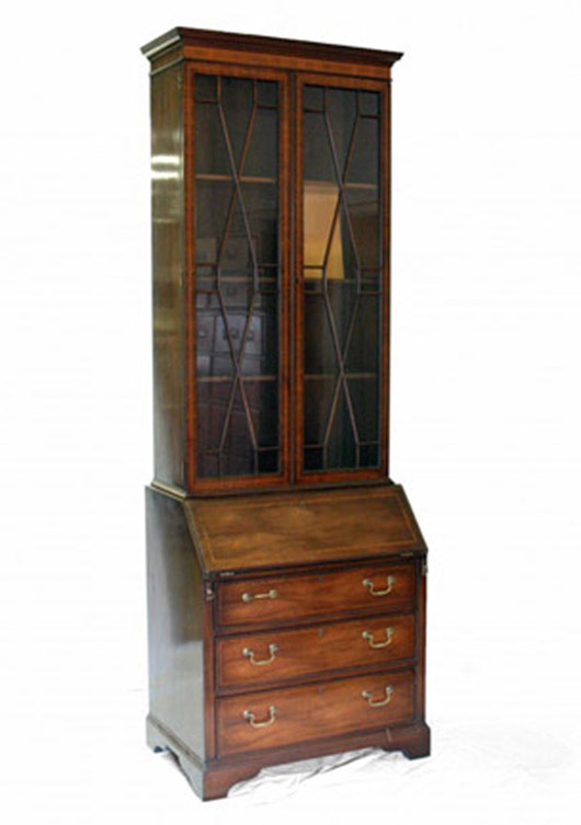 Kittinger (Buffalo, N.Y.) two-piece secretary desk, 89 inches high, inlaid mahogany, George III style, $3,740. Stephenson’s Auctioneers image.